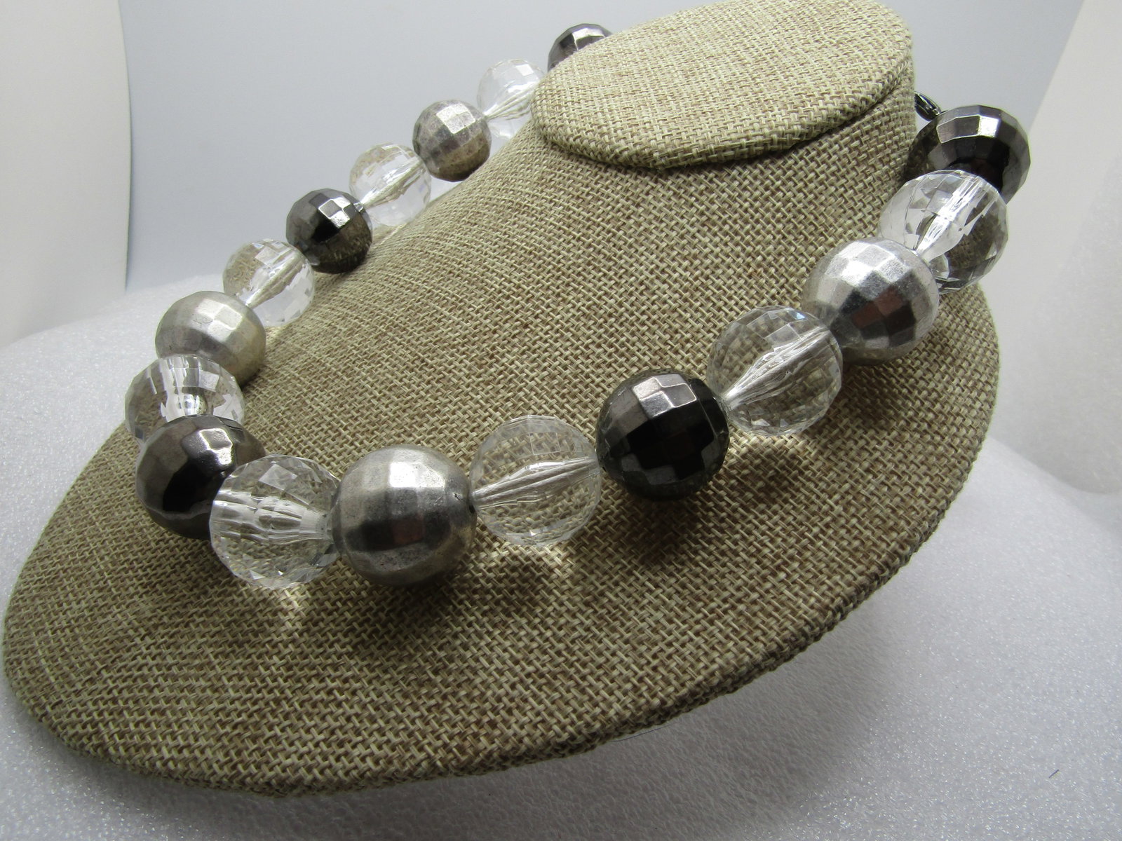 Vintage Acrylic Facet Beaded Chunky Necklace, 17", Signed Bijoux Terner, Clear/Titanium/Silver , - 2
