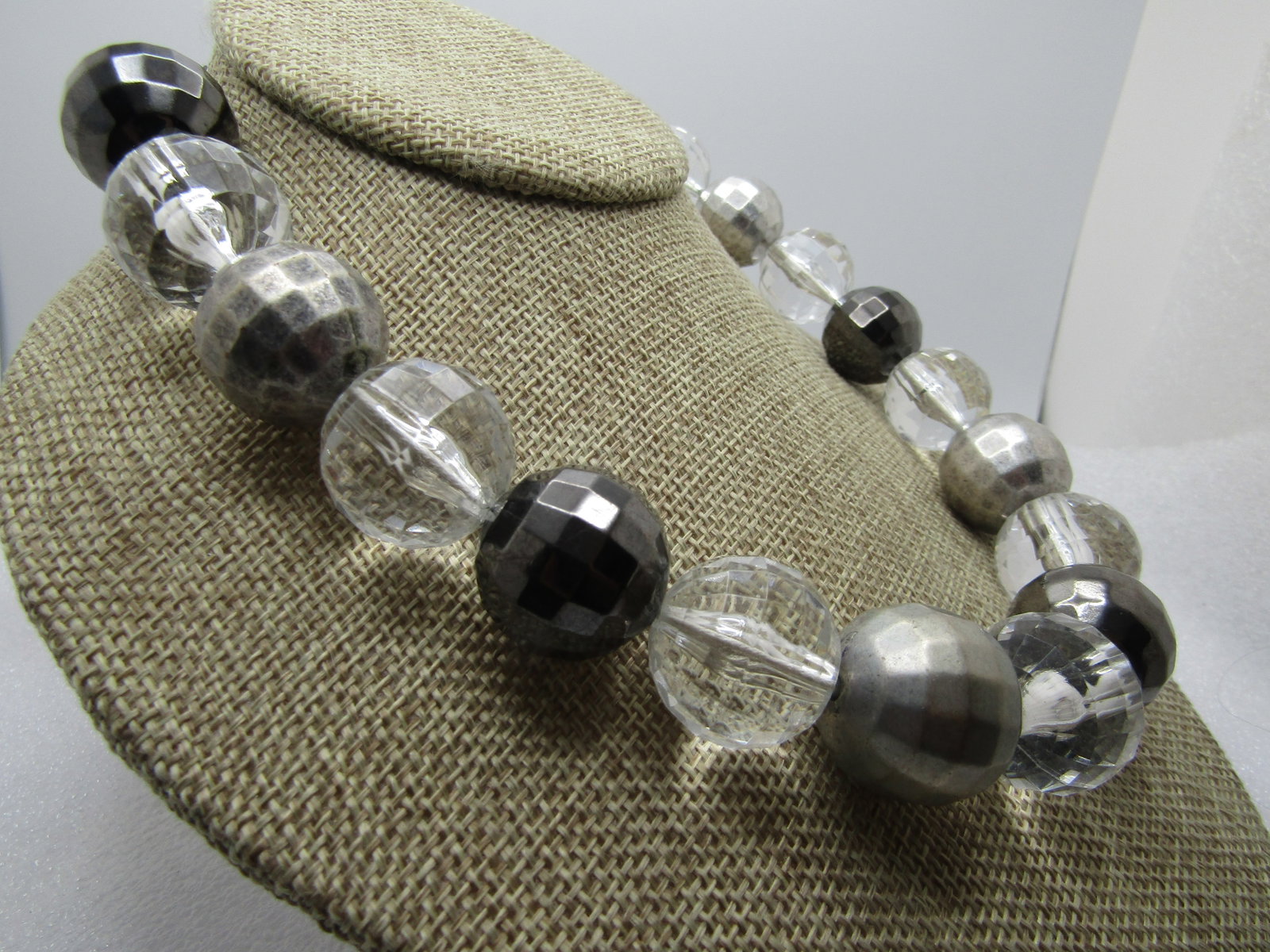 Vintage Acrylic Facet Beaded Chunky Necklace, 17", Signed Bijoux Terner, Clear/Titanium/Silver , - 3
