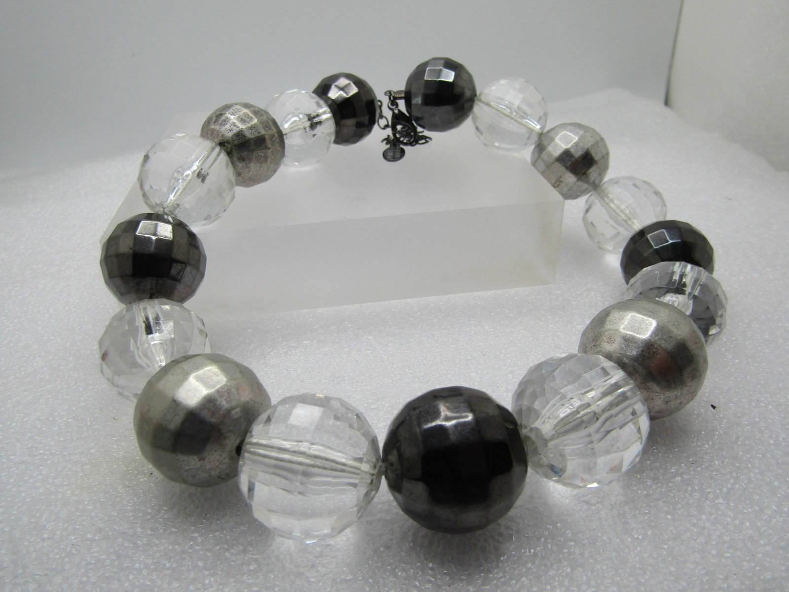 Vintage Acrylic Facet Beaded Chunky Necklace, 17", Signed Bijoux Terner, Clear/Titanium/Silver , - 5