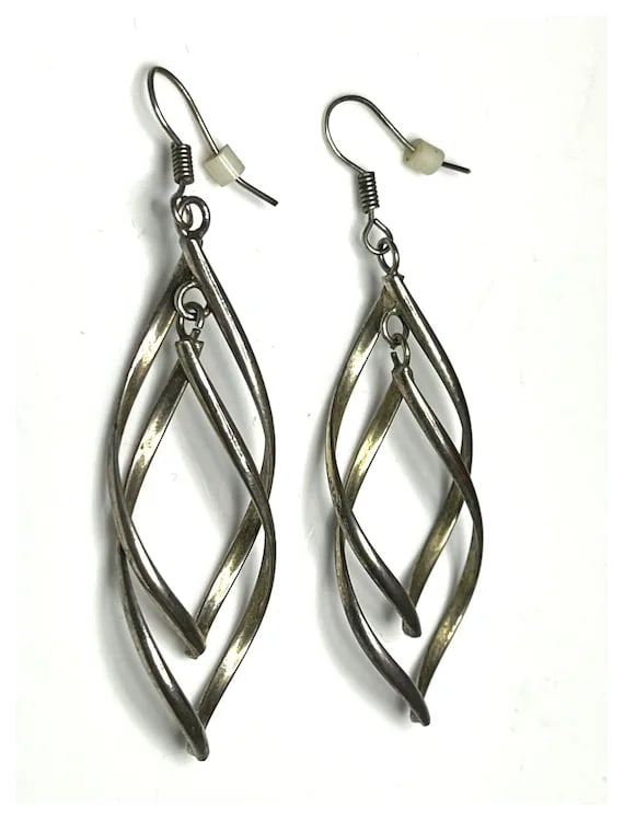 Estate Sterling Silver Double Spiral Twisted Drop Earrings - 2