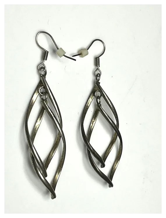 Estate Sterling Silver Double Spiral Twisted Drop Earrings - 3