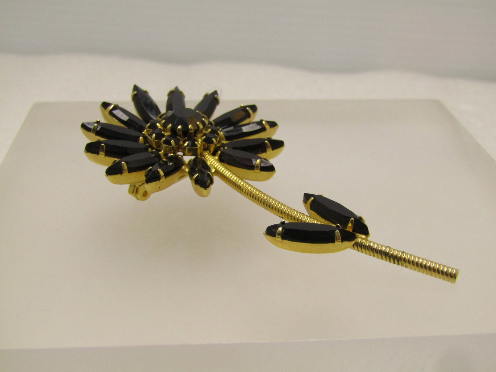 Vintage Rhinestone Floral Stem Brooch, Black Glass, 1960's - 5