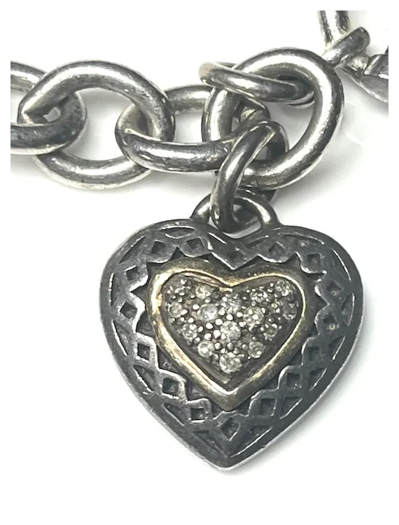 Estate Sterling Silver and 14k Diamond Heart Toggle Charm Bracelet - 3