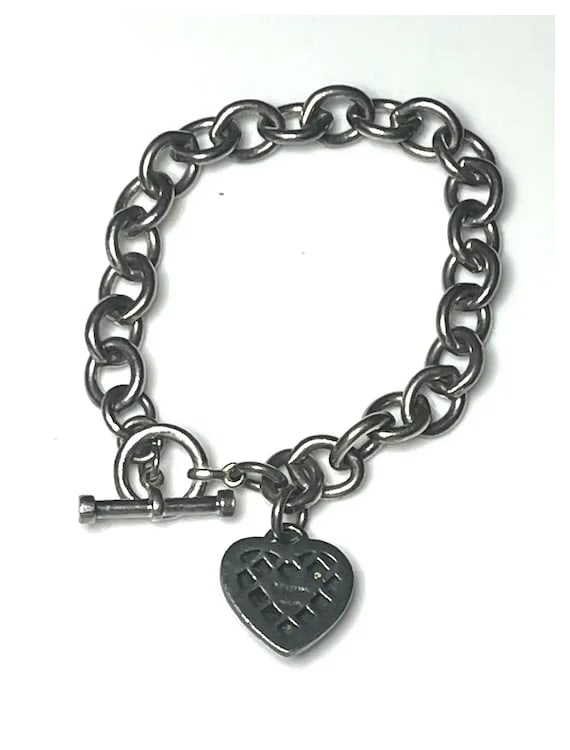 Estate Sterling Silver and 14k Diamond Heart Toggle Charm Bracelet - 4