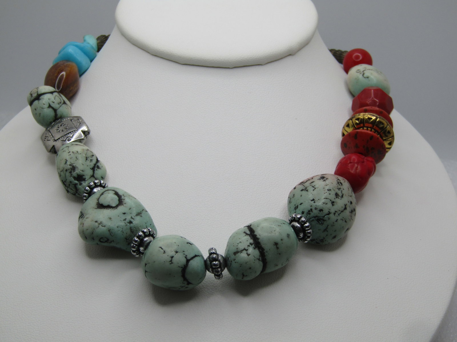 Vintage Faux Turquoise and Coral Necklace, Southwestern, 17-21", 1980's-1990's - 2