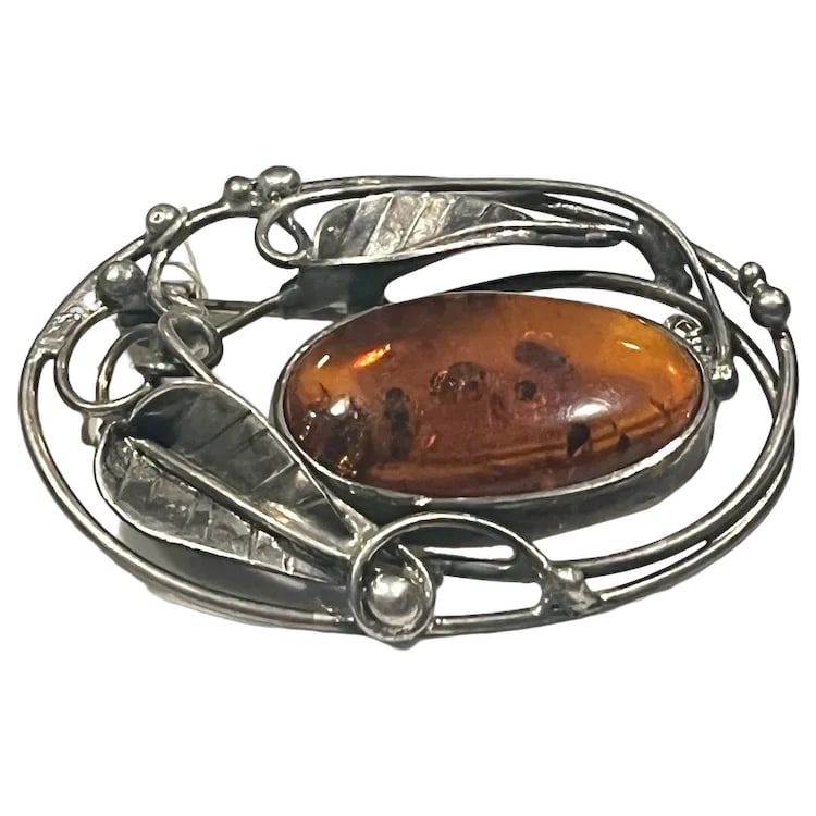 Vintage Art Nouveau Sterling Silver Baltic Amber Brooch (1 of 8)