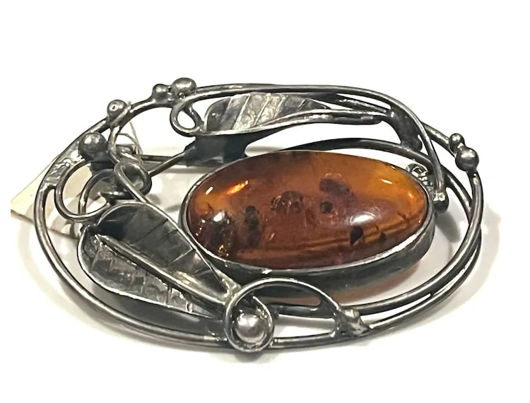 Vintage Art Nouveau Sterling Silver Baltic Amber Brooch - 2