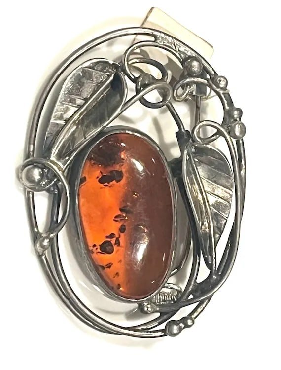 Vintage Art Nouveau Sterling Silver Baltic Amber Brooch - 3