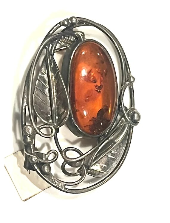 Vintage Art Nouveau Sterling Silver Baltic Amber Brooch - 4