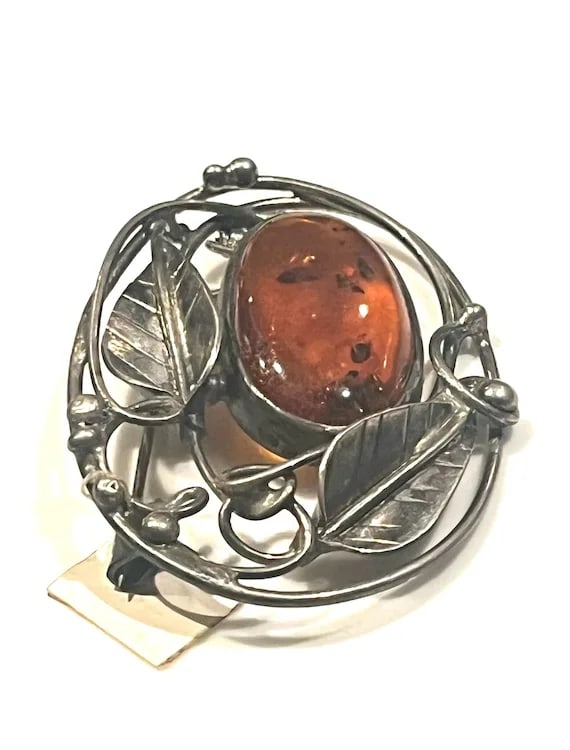 Vintage Art Nouveau Sterling Silver Baltic Amber Brooch - 5