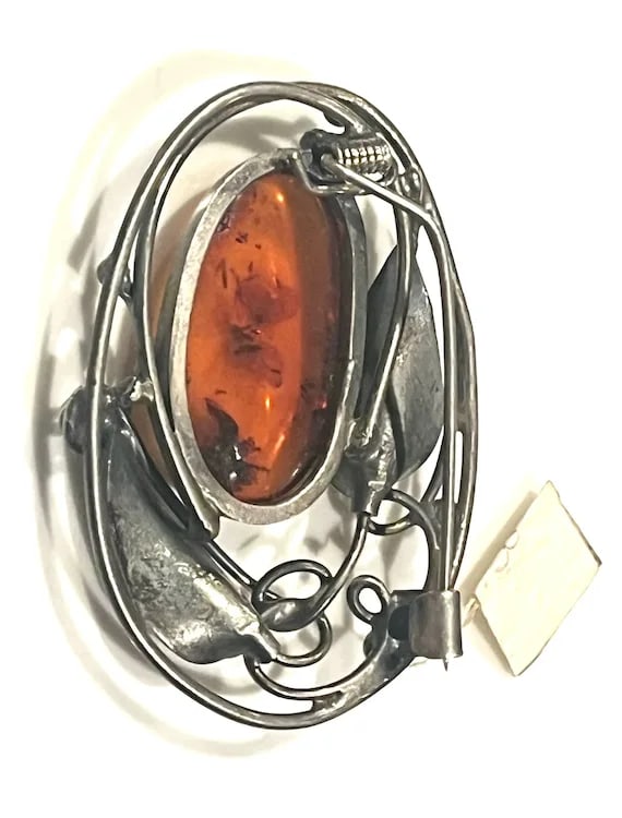 Vintage Art Nouveau Sterling Silver Baltic Amber Brooch - 6