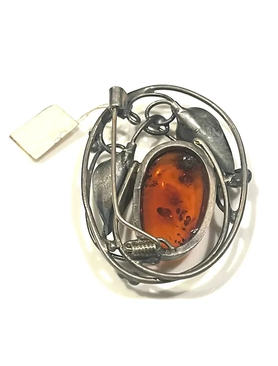Vintage Art Nouveau Sterling Silver Baltic Amber Brooch - 7
