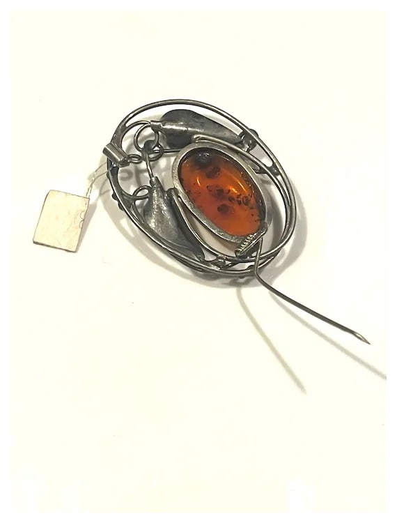 Vintage Art Nouveau Sterling Silver Baltic Amber Brooch - 8