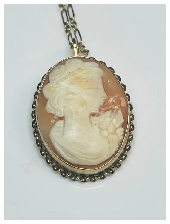 Vintage Shell Cameo Pendant/ Brooch on 12k Gold Chain - 3