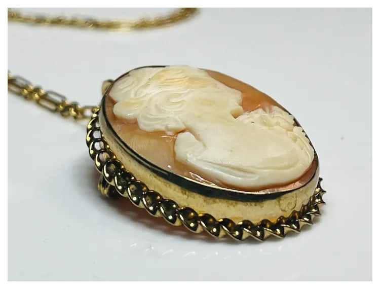 Vintage Shell Cameo Pendant/ Brooch on 12k Gold Chain - 4