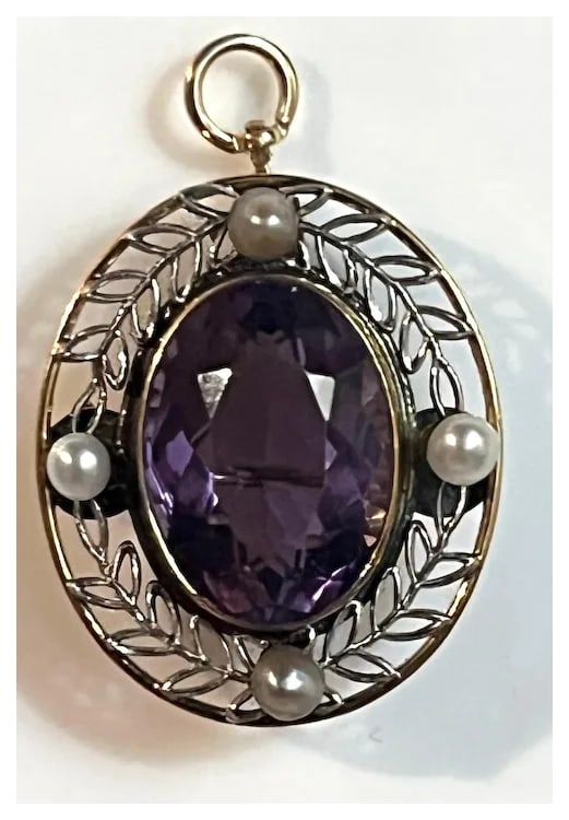 Vintage 14k Two Tone White and Yellow Gold Pendant/ Brooch with Amethyst and Seed Pearls - 2