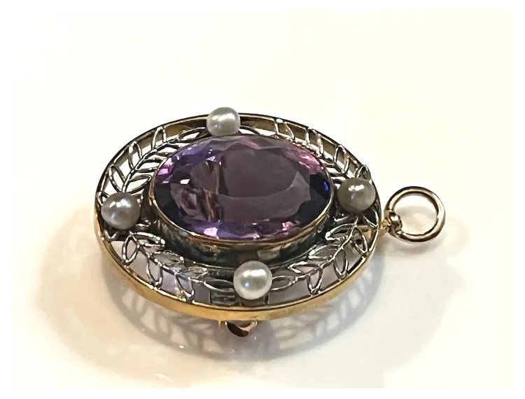 Vintage 14k Two Tone White and Yellow Gold Pendant/ Brooch with Amethyst and Seed Pearls - 3