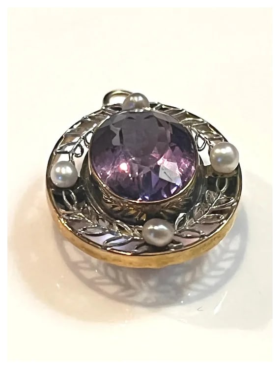 Vintage 14k Two Tone White and Yellow Gold Pendant/ Brooch with Amethyst and Seed Pearls - 4