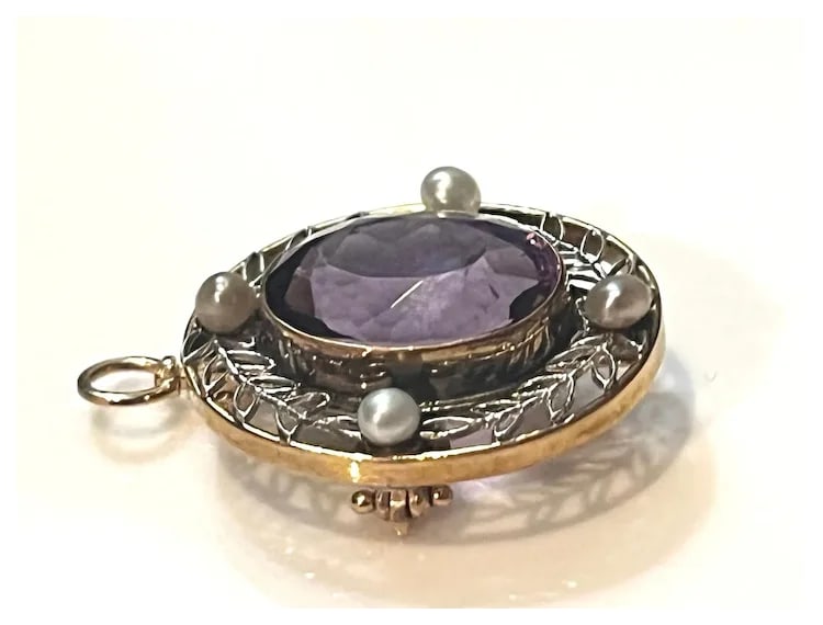 Vintage 14k Two Tone White and Yellow Gold Pendant/ Brooch with Amethyst and Seed Pearls - 5