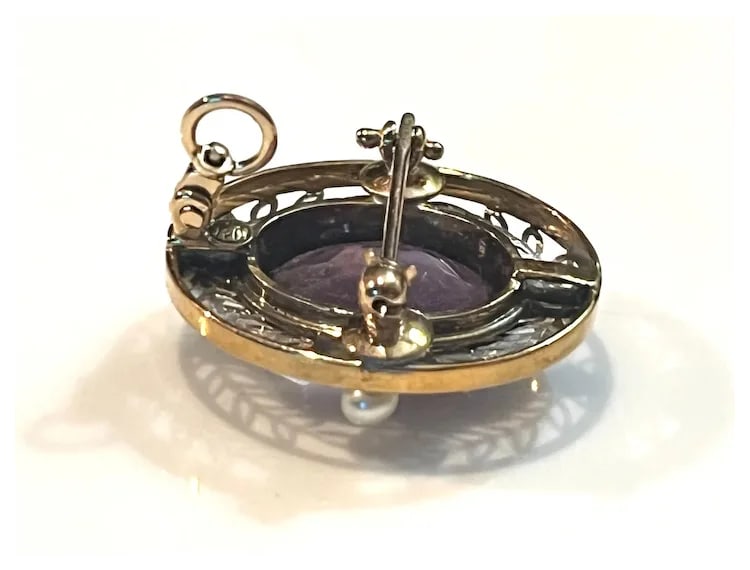 Vintage 14k Two Tone White and Yellow Gold Pendant/ Brooch with Amethyst and Seed Pearls - 7