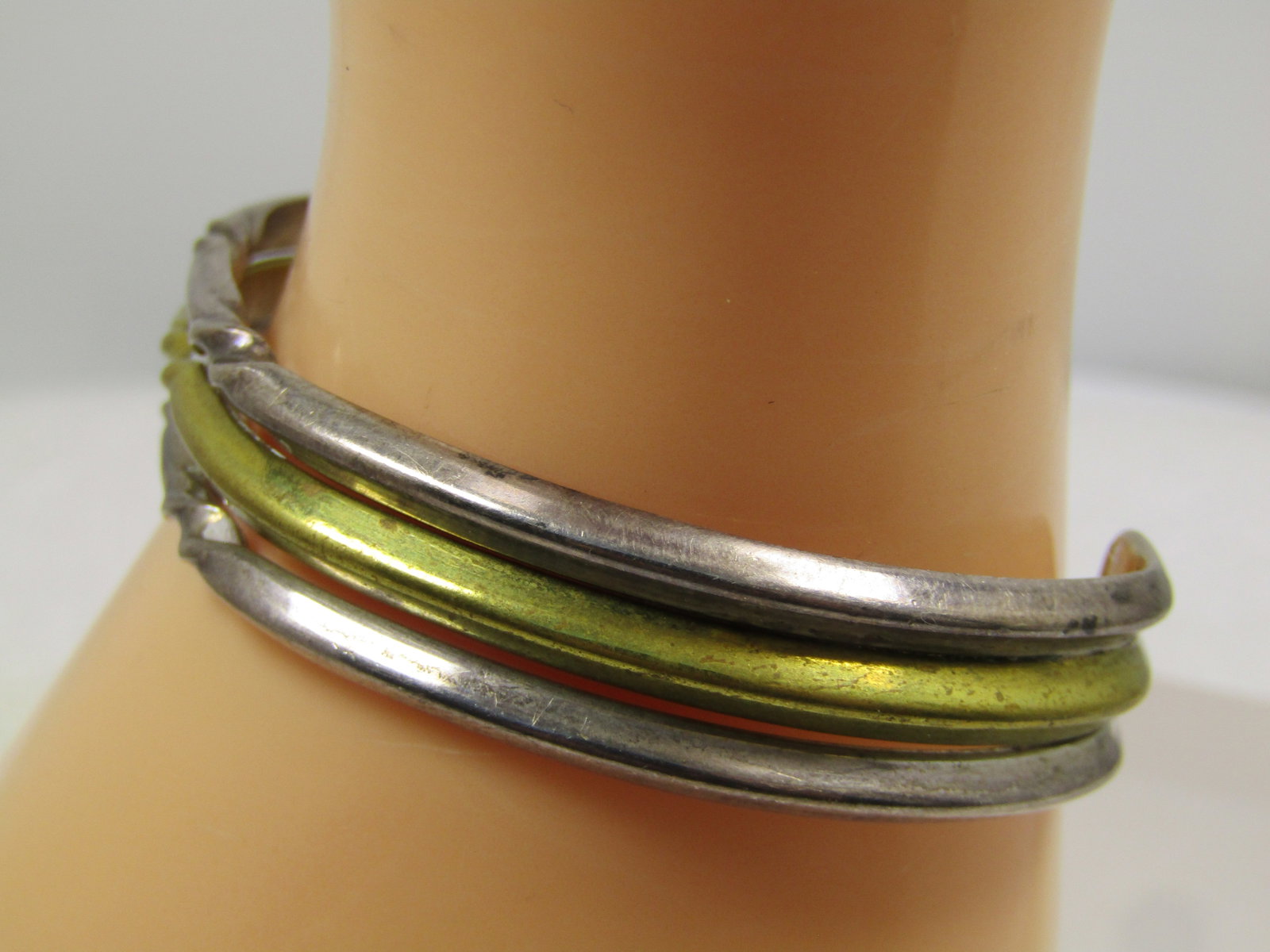 Vintage Sterling and Brass Cuff Bracelet , 7", Mexico 1980', Signed - 2