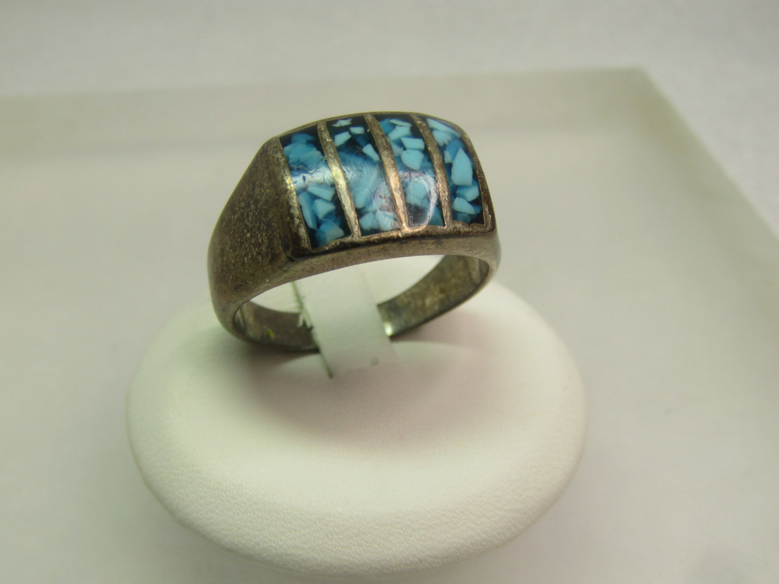 Vintage Southwestern Sterling Inlaid Turquoise Chip Ring, Sz. 11.5 Men's/Unisex, 1960's-1970's - 2