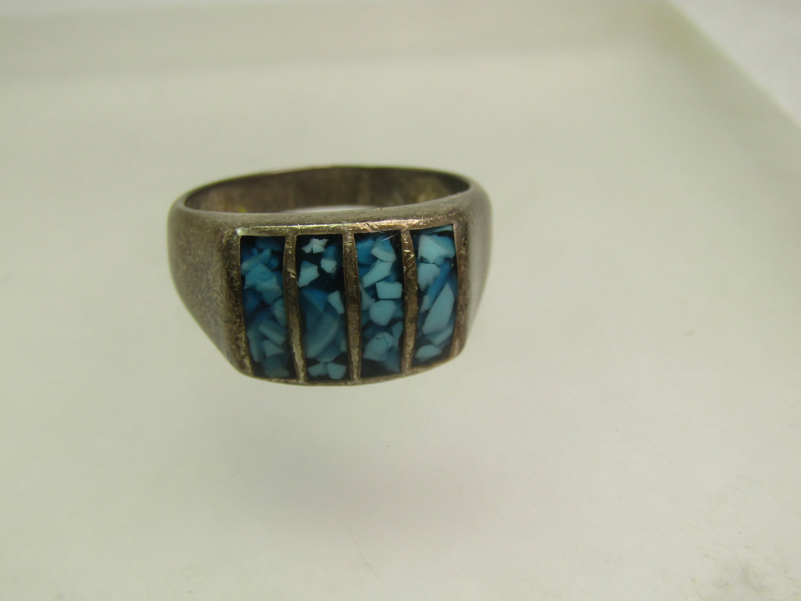 Vintage Southwestern Sterling Inlaid Turquoise Chip Ring, Sz. 11.5 Men's/Unisex, 1960's-1970's - 4