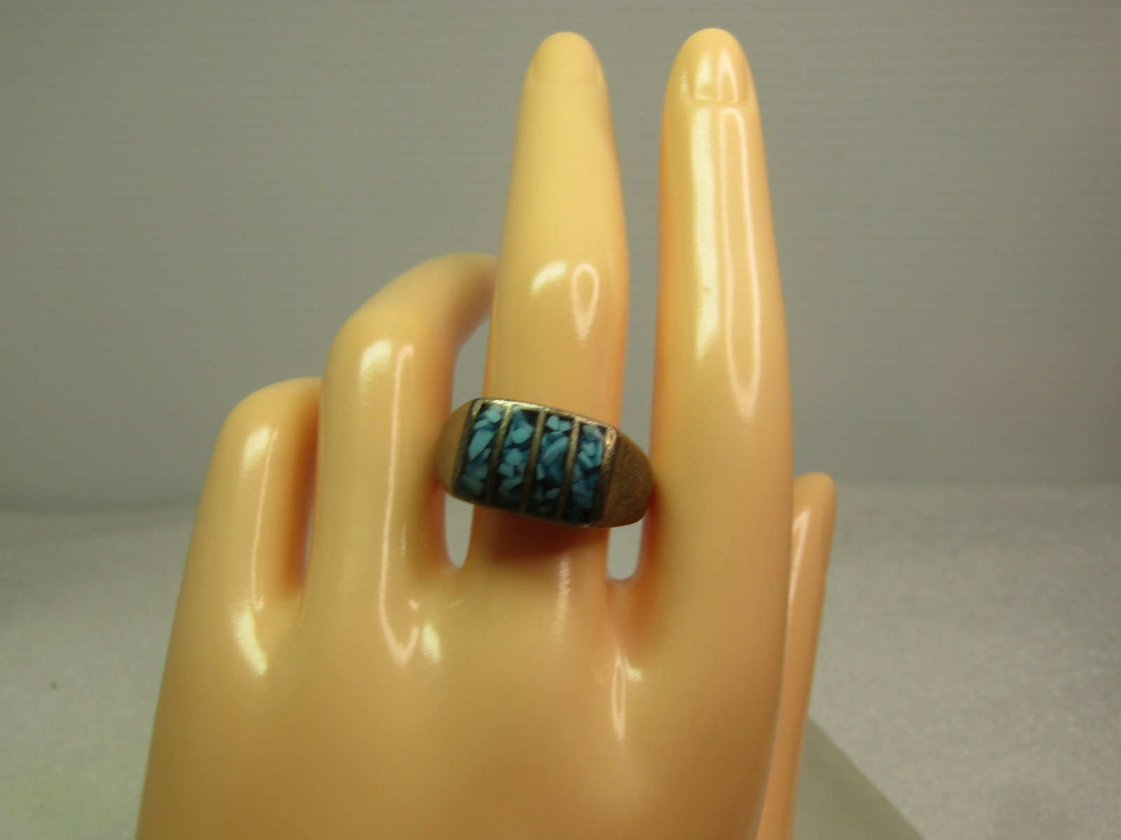 Vintage Southwestern Sterling Inlaid Turquoise Chip Ring, Sz. 11.5 Men's/Unisex, 1960's-1970's - 7