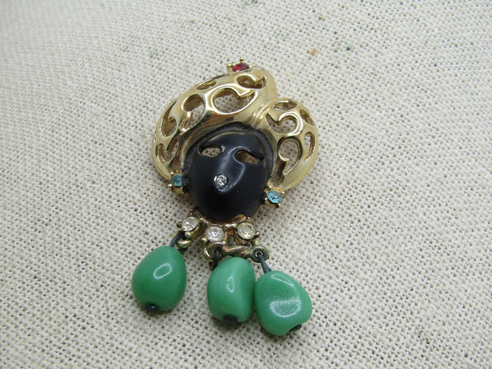 Vintage Blackmoor Woman Brooch Dangles and Rhinestones, Mid-Century, 2.5" - 3
