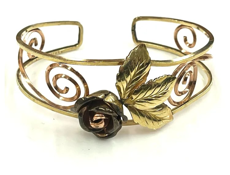 Vintage PROBST USA 12k GF Two-Tone Open Work Cuff Bracelet with Scrolls Leaves and Rose - 2