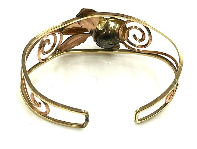 Vintage PROBST USA 12k GF Two-Tone Open Work Cuff Bracelet with Scrolls Leaves and Rose - 3