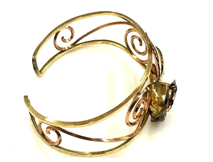 Vintage PROBST USA 12k GF Two-Tone Open Work Cuff Bracelet with Scrolls Leaves and Rose - 4