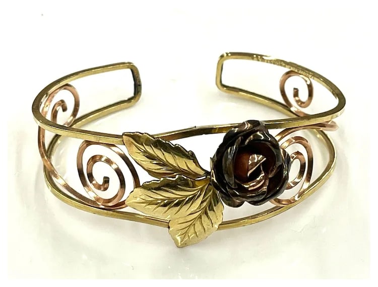 Vintage PROBST USA 12k GF Two-Tone Open Work Cuff Bracelet with Scrolls Leaves and Rose - 5