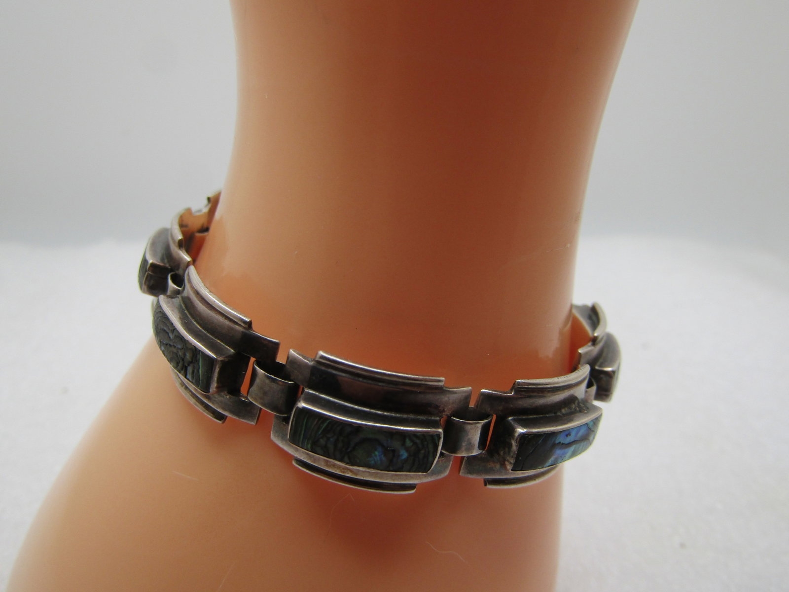 Vintage Sterling Southwestern Inlaid Abalone Bracelet, 6.5", 1960's-1970's, Mexico, Signed - 2