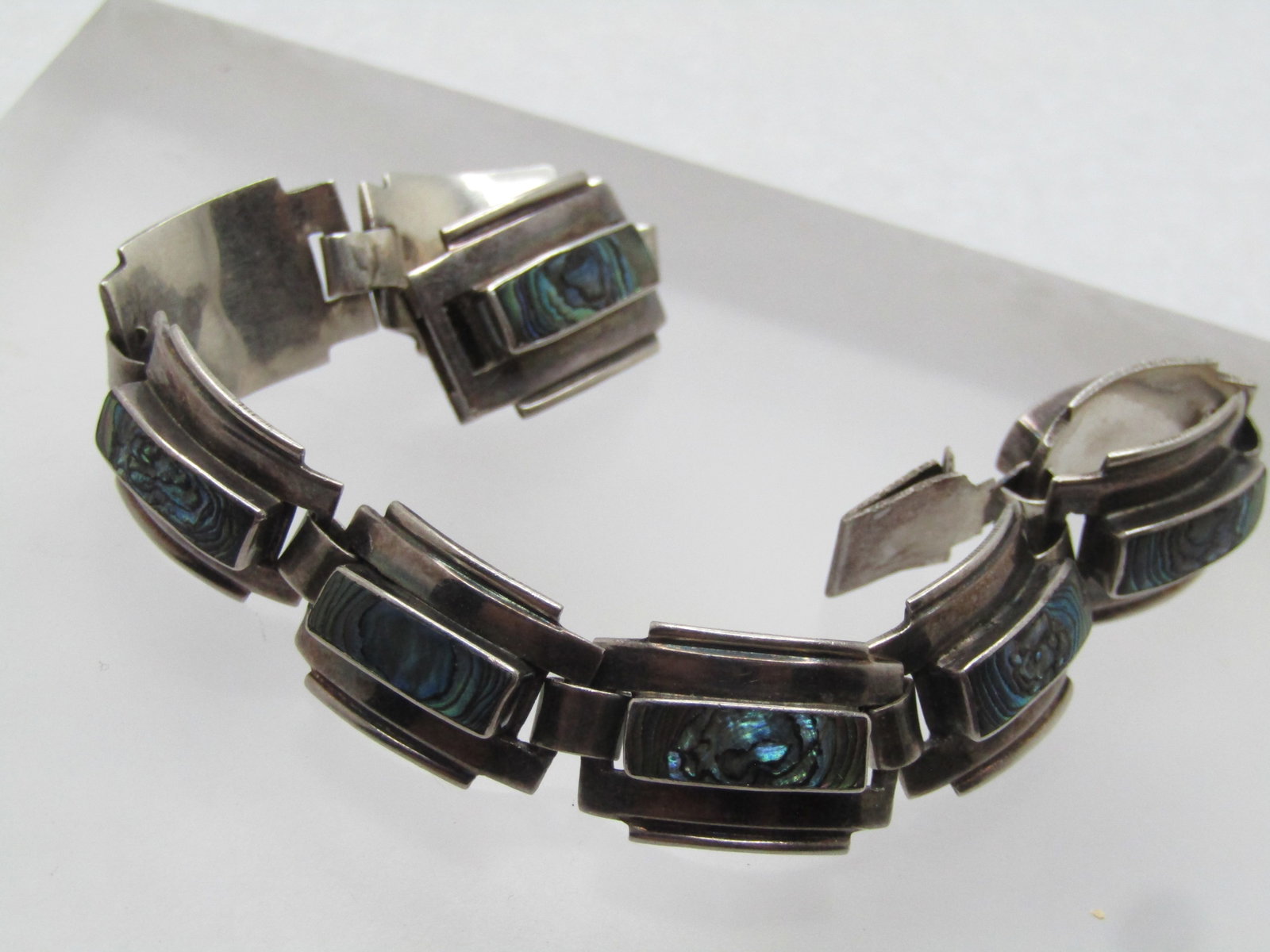 Vintage Sterling Southwestern Inlaid Abalone Bracelet, 6.5", 1960's-1970's, Mexico, Signed - 6