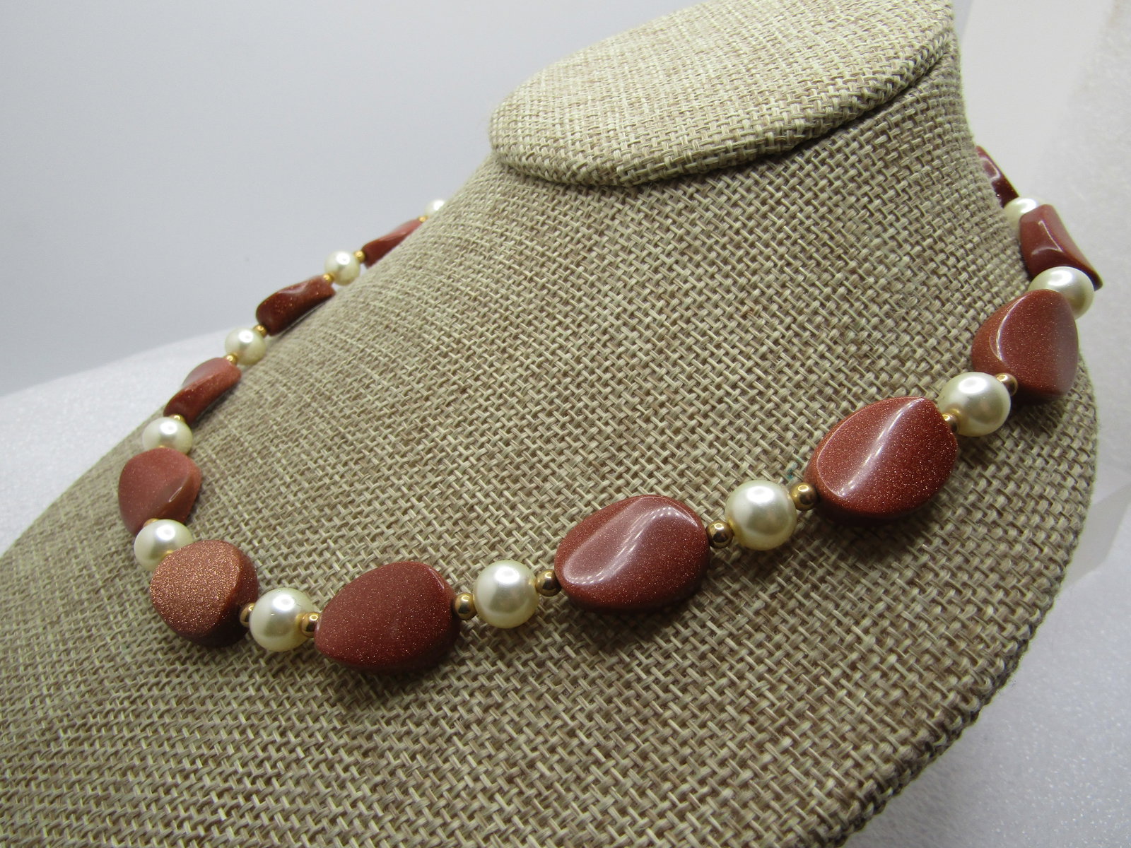 Vintage Gold Stone and Faux Pearl Toggle Necklace, 22", 1980's-1990's - 2