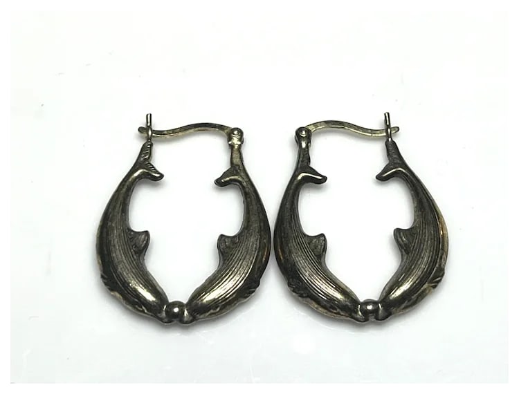 Vintage Sterling Silver Dolphin Hoop Earrings - 2