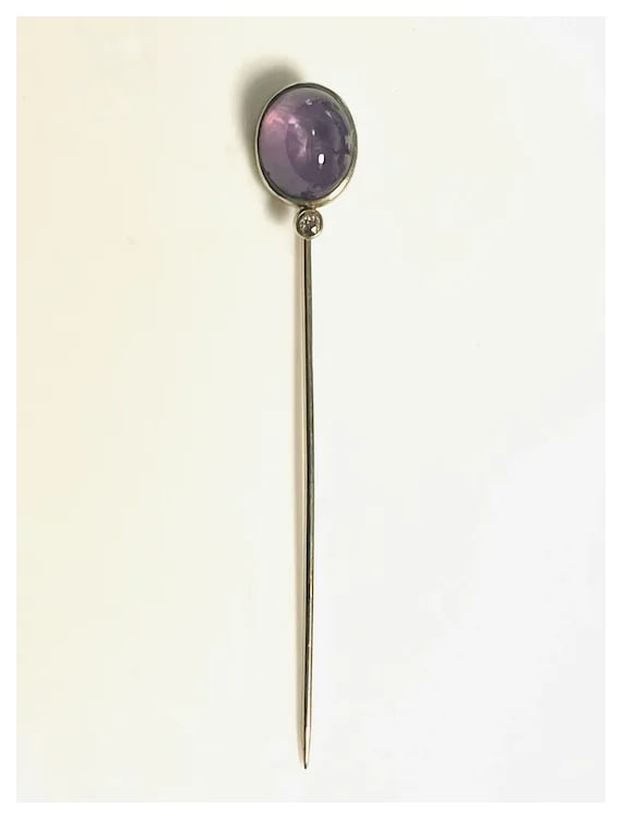 Vintage 14k Gold Amethyst Cabochon and Diamond Stickpin - 2