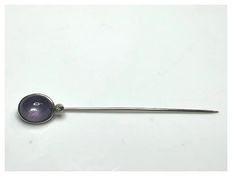 Vintage 14k Gold Amethyst Cabochon and Diamond Stickpin - 3