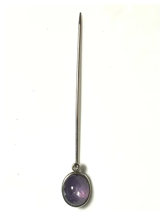 Vintage 14k Gold Amethyst Cabochon and Diamond Stickpin - 4
