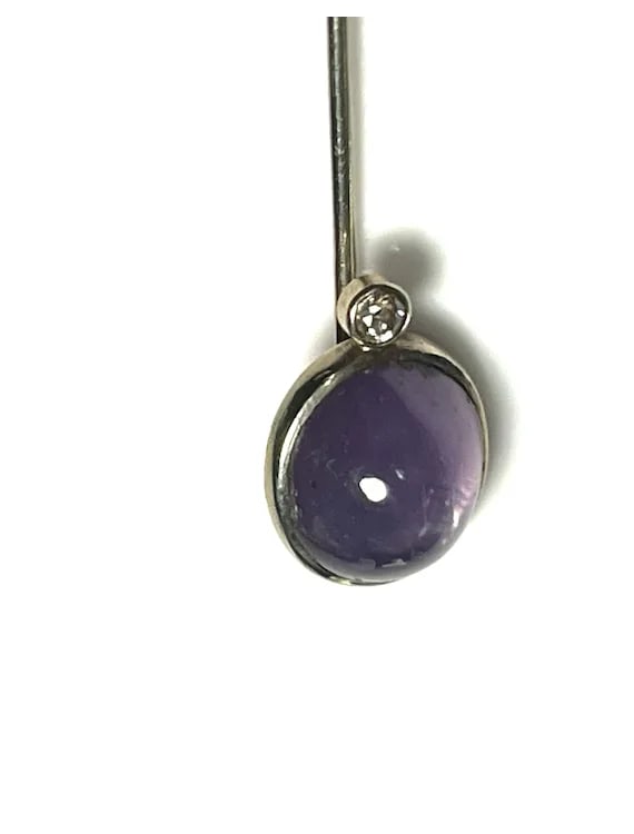 Vintage 14k Gold Amethyst Cabochon and Diamond Stickpin - 7
