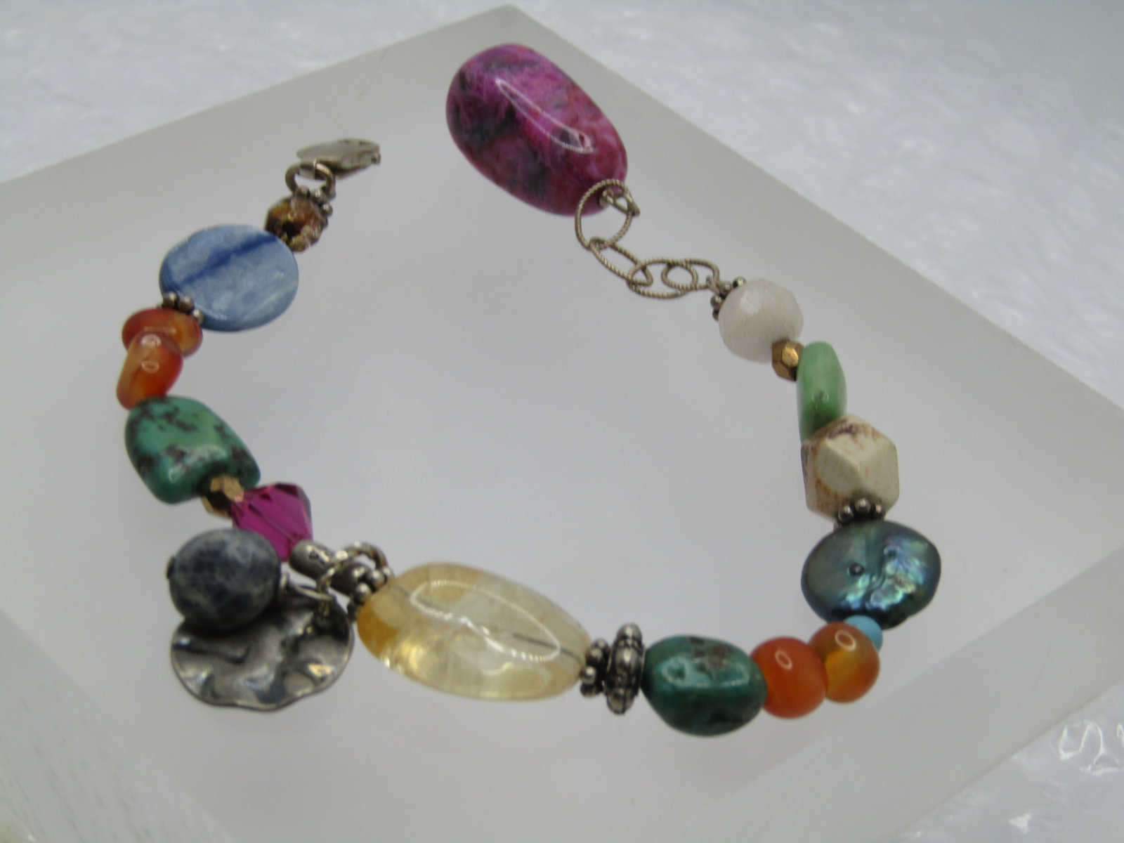 Vintage Sterling Mixed Stone Beaded Bracelet, 7.5"-8.5" - 2