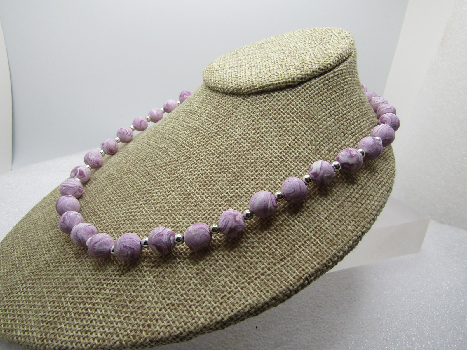 Sterling Lavender Purple Beaded Necklace,20", and Pierced Earrings 1990's - 3