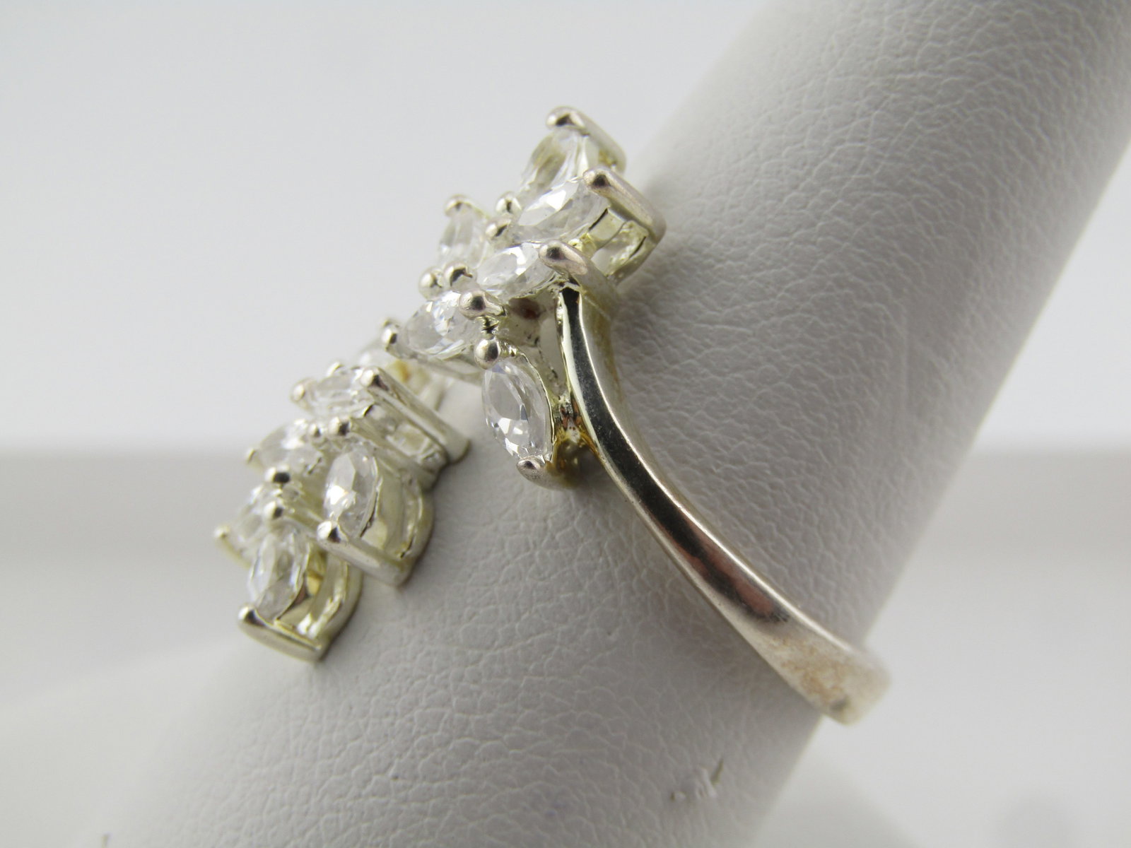 Sterling Clear Stone Wrapped Bypass Ring, Sz. 8-10, 1990's-2000's - 2