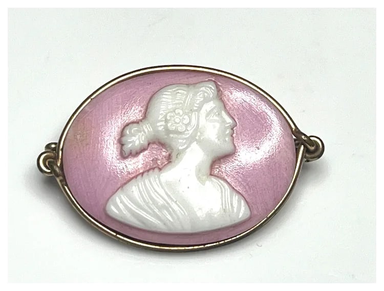 Vintage Pink Ceramic Cameo Brooch - 2