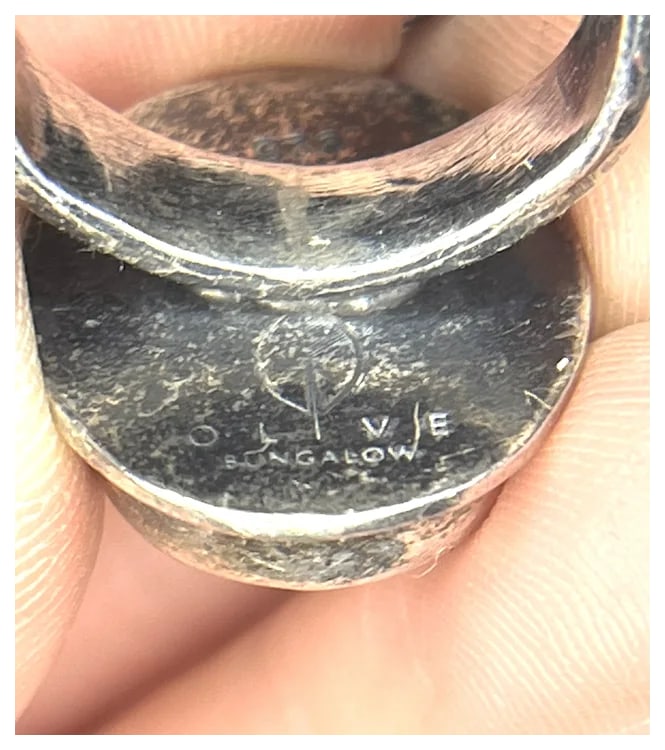 Vintage Olive Bungalow Sterling Silver Turquoise Hand Hammered Ring - 7