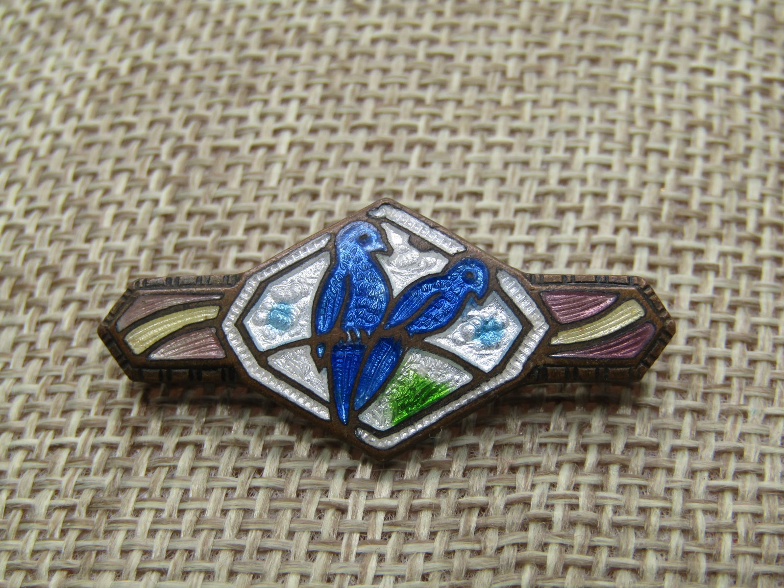 Vintage Guilloche Blue Lovebirds Brooch, 1920's - 2