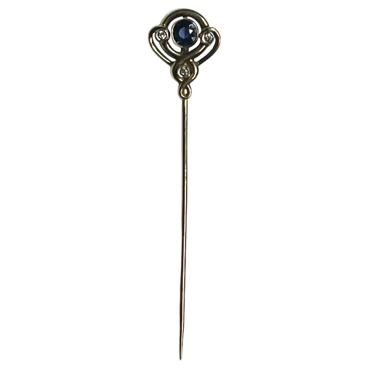 Vintage 14k Gold Sapphire and Diamond Stickpin: Title: Vintage 14k Gold Sapphire and Diamond Stickpin Description: Vintage 14k Gold Sapphire and Diamond Stickpin. Hallmarked: 14k. Yellow Gold and White Gold around the Diamonds. 1 Sapphire, 3