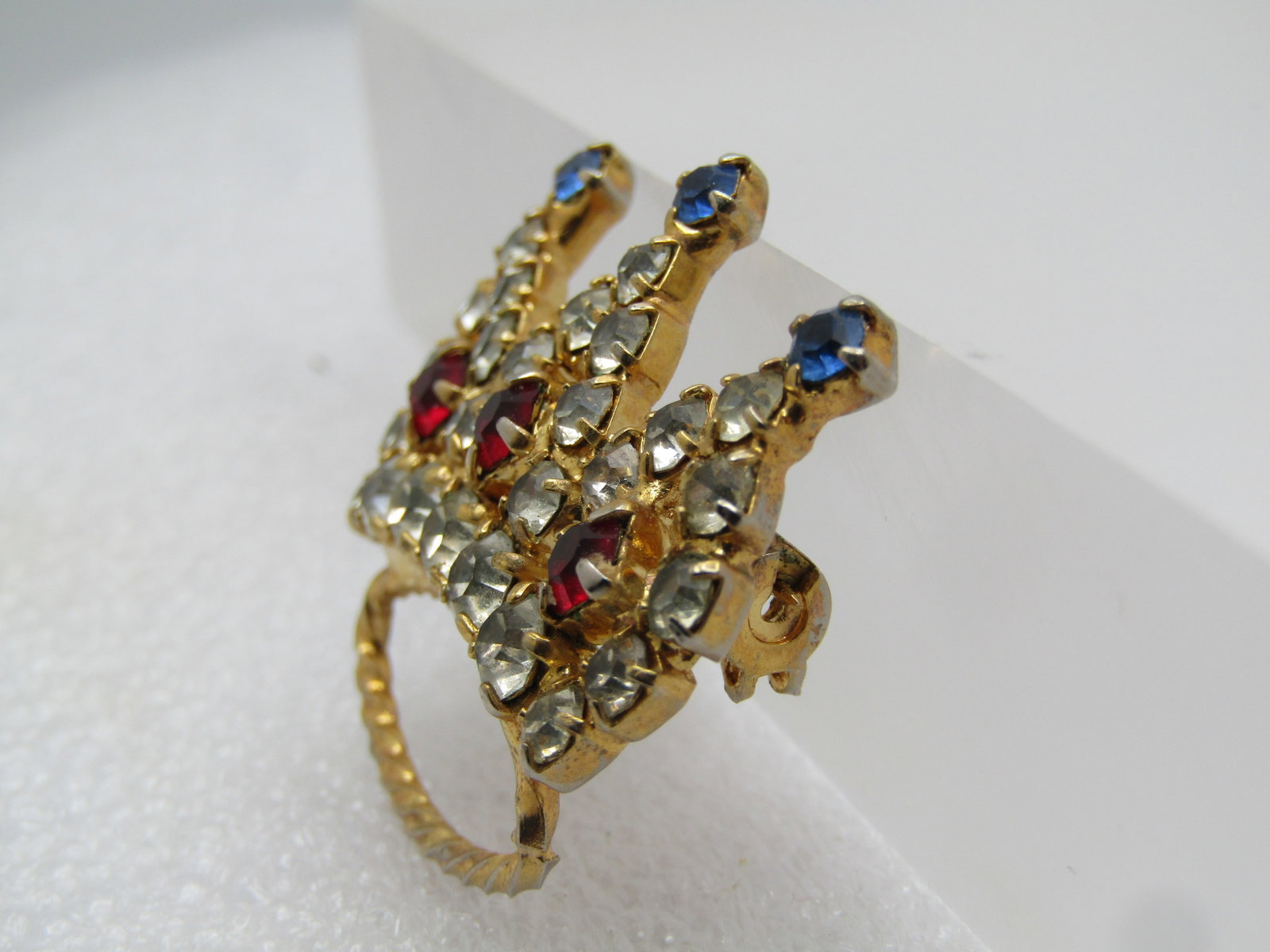 Vintage Rhinestone Crown Brooch, Red/White/Clear, 1970's-1980's - 2