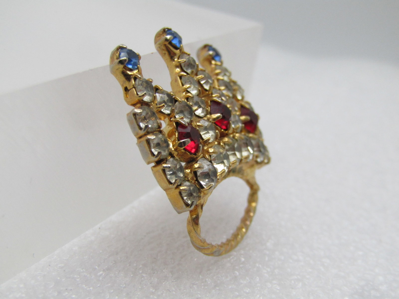 Vintage Rhinestone Crown Brooch, Red/White/Clear, 1970's-1980's - 3